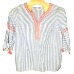 Crown & Ivy Womens Shirt Blue White Striped Tasseled Sleeve Top nautical size 2X